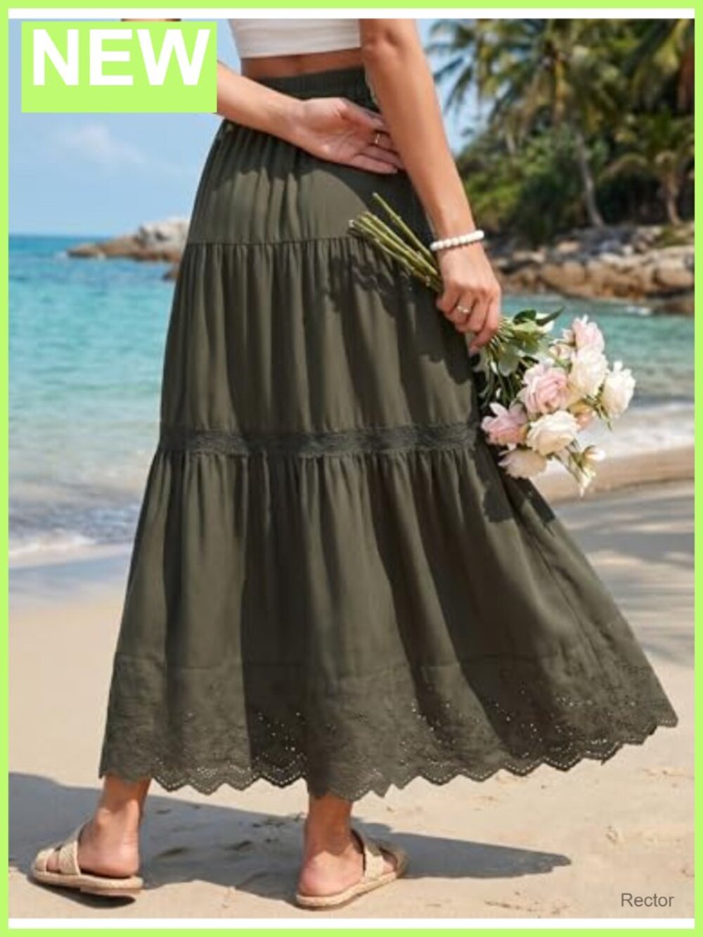 Boho Tiered Maxi Skirt Elastic High Waist A-Line Lace Eyelet Long Summer - Picture 3 of 6